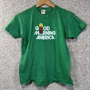 True Vintage 70s Good Morning America TV Shirt Men Medium Green Russell Athletic